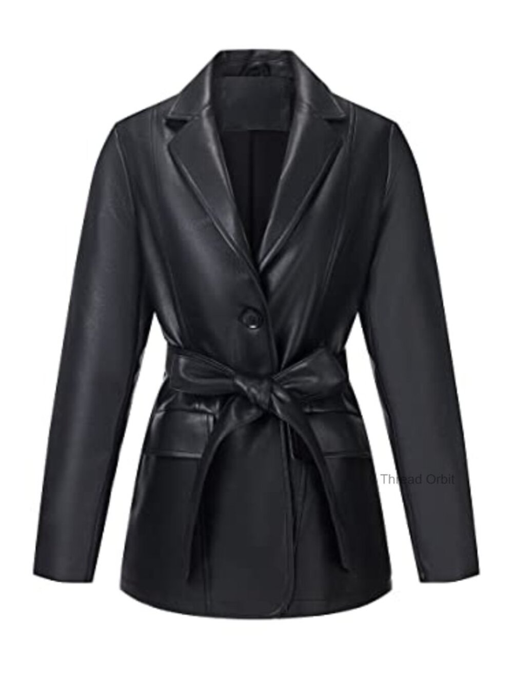 Faux Leather Blazer Jacket with Removable Belt, Notched Lapel, Vegan PU Coat - Picture 1 of 6